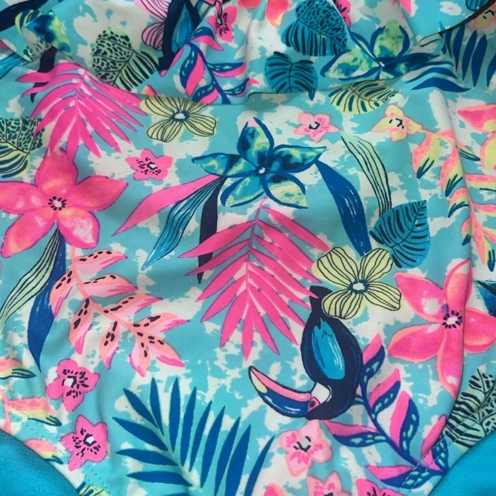 Toddler girl off shoulder ruffle top floral tropical low back swimsuit